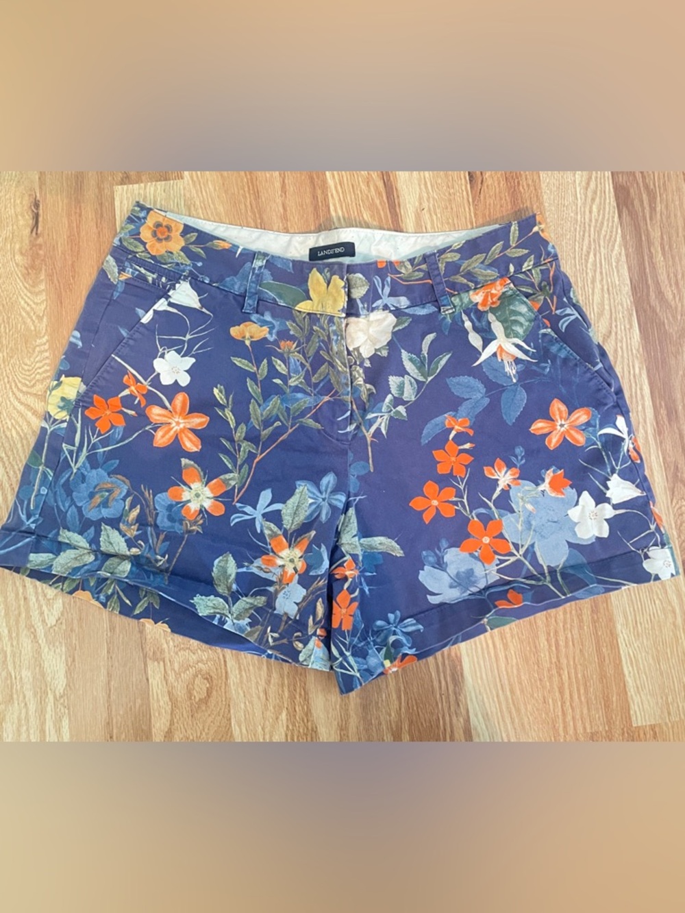 Lands End Navy Floral Cotton Shorts
